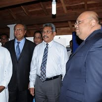 Harsha Wijayawardhana at the AFIS launch at Deyata Kirula with then Defence Secretary Gotabaya Rajapaksa